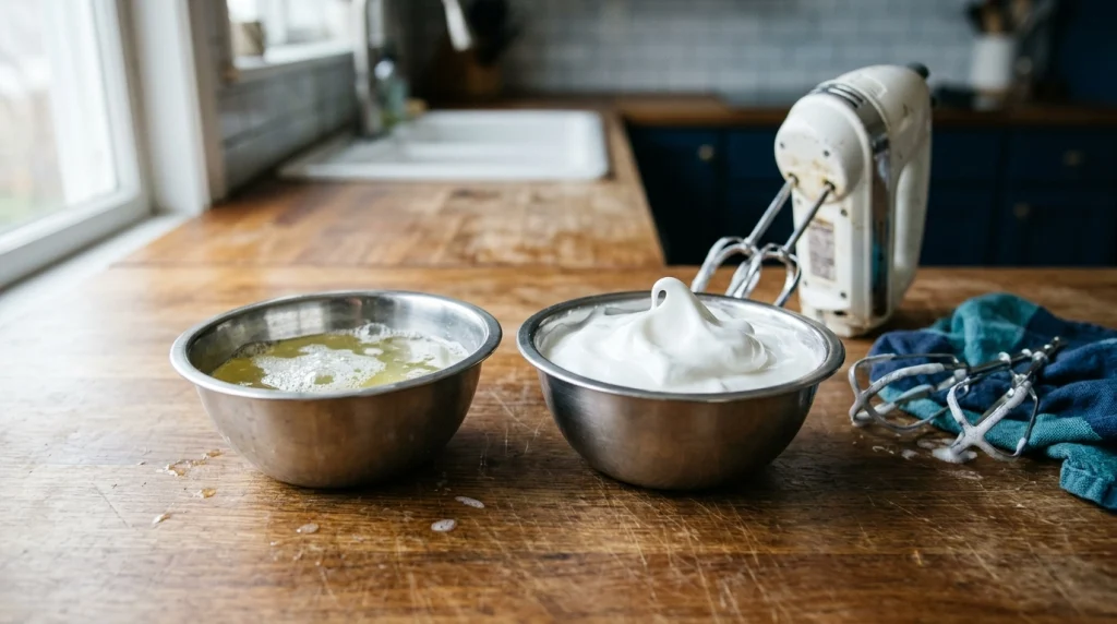 Runny and fluffy egg whites beside a whisk attachment in a home kitchen.
