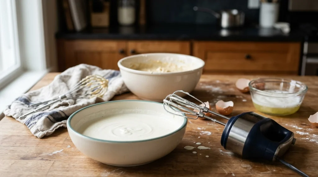 Runny cream, lumpy cake batter, and hand mixer attachments on a kitchen counter.