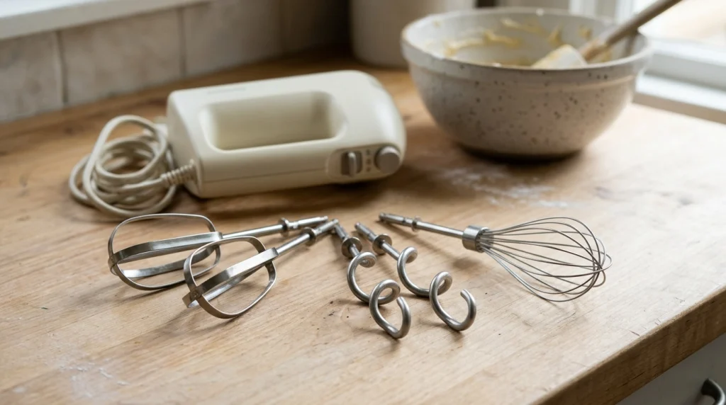 Four common hand mixer attachments arranged on a wooden kitchen counter.