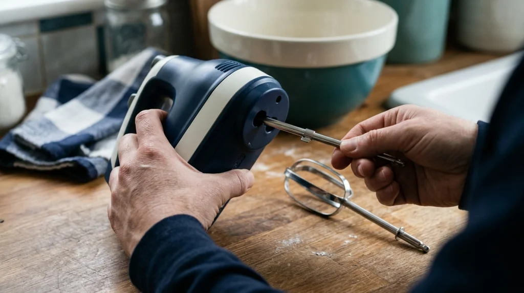 Loose hand mixer beaters beside attachment slots during a fitting check