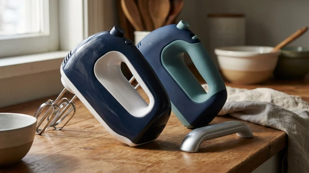 Close-up of hand mixer handles showing smooth plastic, textured grip material, and a metallic-looking finish.
