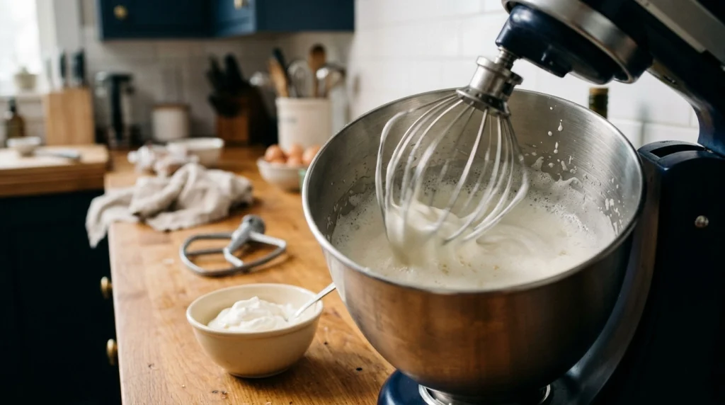 Balloon whisk attachment whipping egg whites into foam beside a bowl of whipped cream.