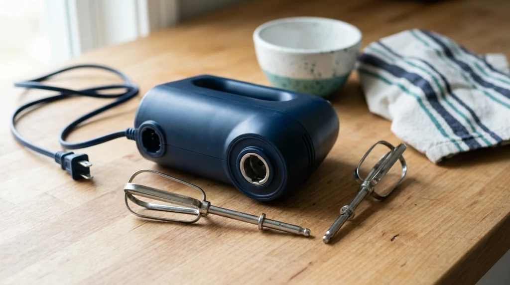 Hand mixer beaters with mismatched stems beside attachment sockets on a kitchen counter.