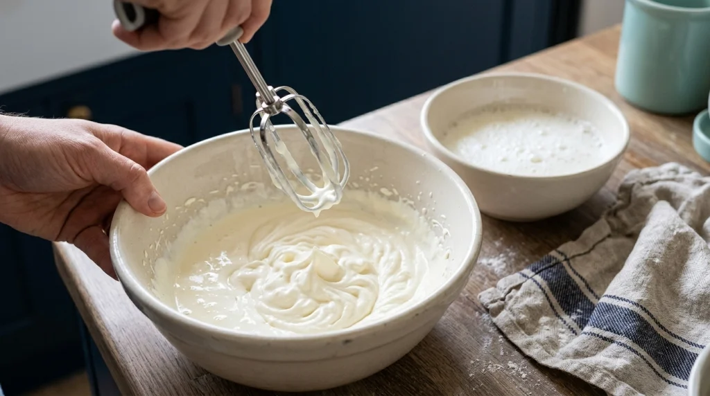 Hand mixer whisk beside runny cream and foamy egg whites in a home kitchen.