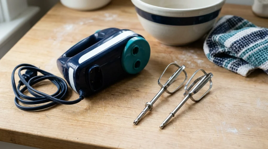 Unplugged hand mixer with beaters of different shaft shapes arranged for a compatibility inspection.