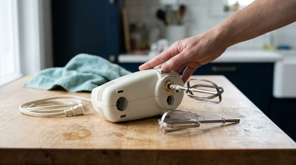 One hand mixer beater remains stuck while the other rests beside the unplugged mixer.