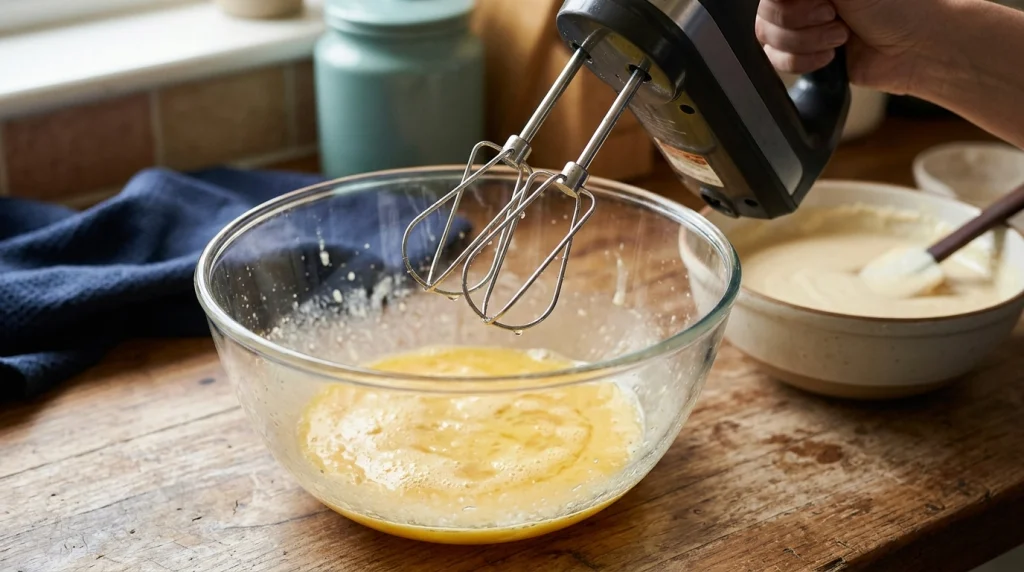 Close-up of turbo beaters attached to a hand mixer above a bowl of beaten eggs.