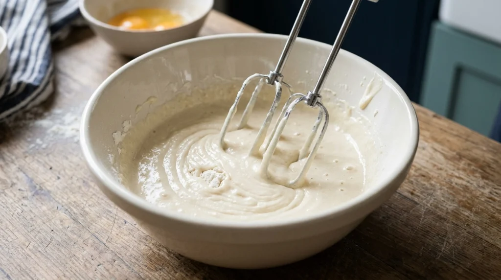 Hand mixer beaters mixing slightly lumpy cake batter in a ceramic bowl.