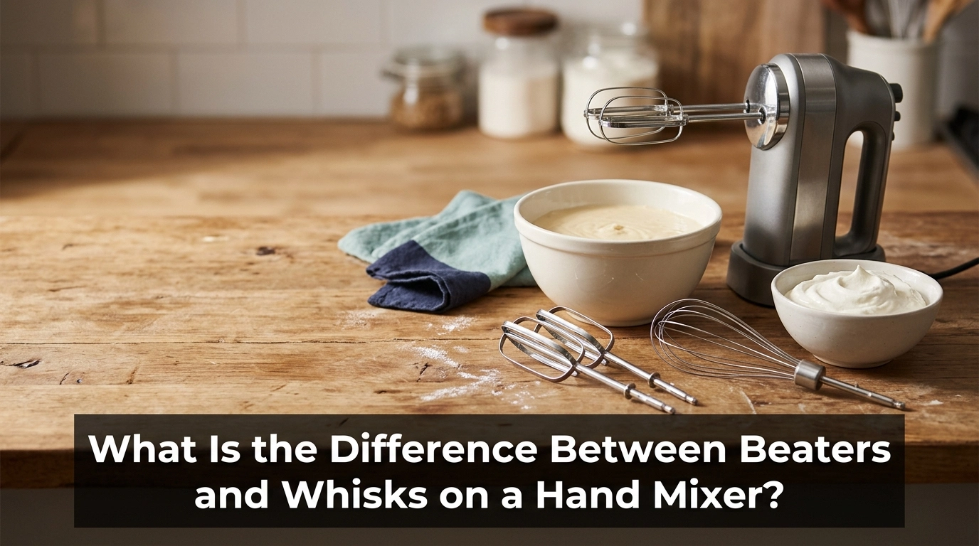Hand mixer beaters and whisk attachment beside bowls of cake batter and whipped cream.