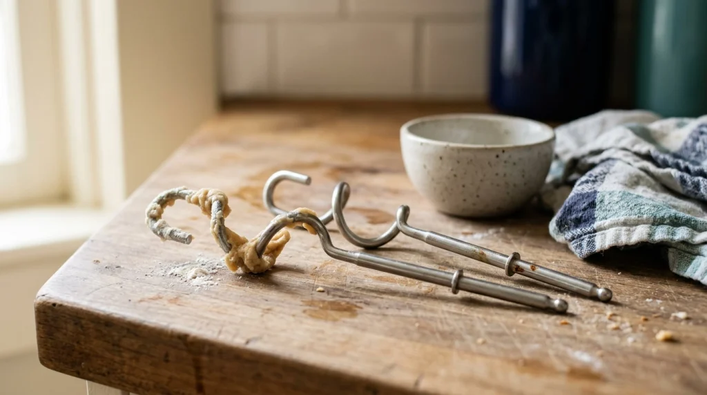 Close-up of dough hooks with sticky dough, dry flour, greasy marks, and a small rust spot.