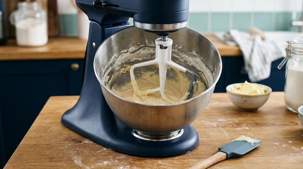 Flex edge beater beside cake batter clinging to the inner wall of a stand mixer bowl.