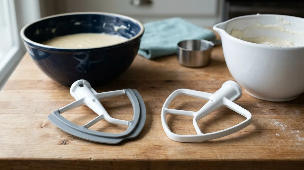 Flex edge beater and standard flat beater displayed side by side on a kitchen counter.