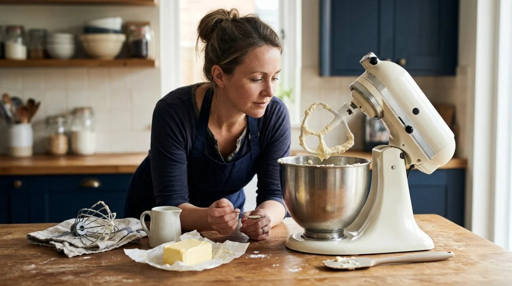 Which attachment should you use for frosting, with a stopped mixer, paddle, lumpy buttercream, and spatula.