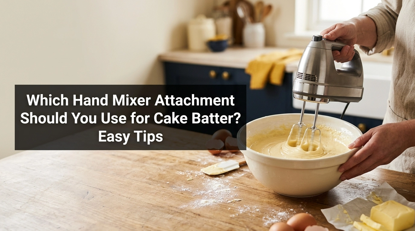 Hand mixer with standard beaters mixing cake batter in a home kitchen.