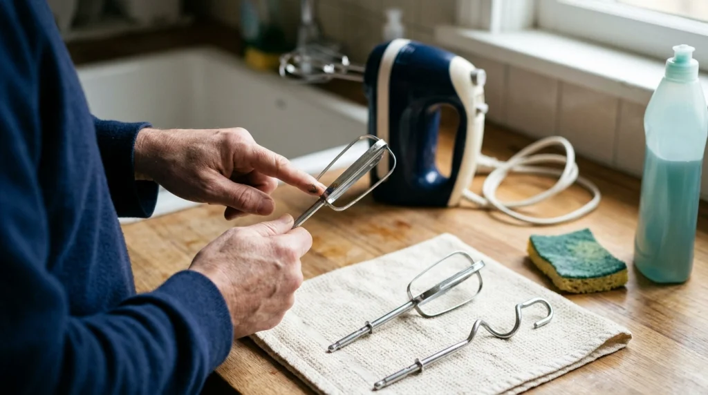 Clean mixer attachments inspected beside a dry towel, soft sponge, and unplugged mixer body.
