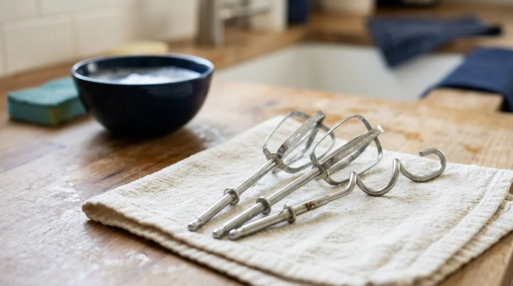 Close-up of hand mixer beaters and dough hooks showing dried batter and water spots.