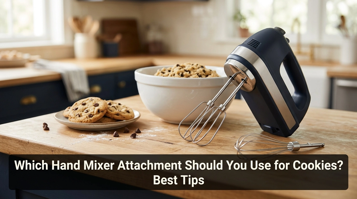 Which hand mixer attachment should you use for cookies, showing regular beaters, cookie dough, and baked cookies.