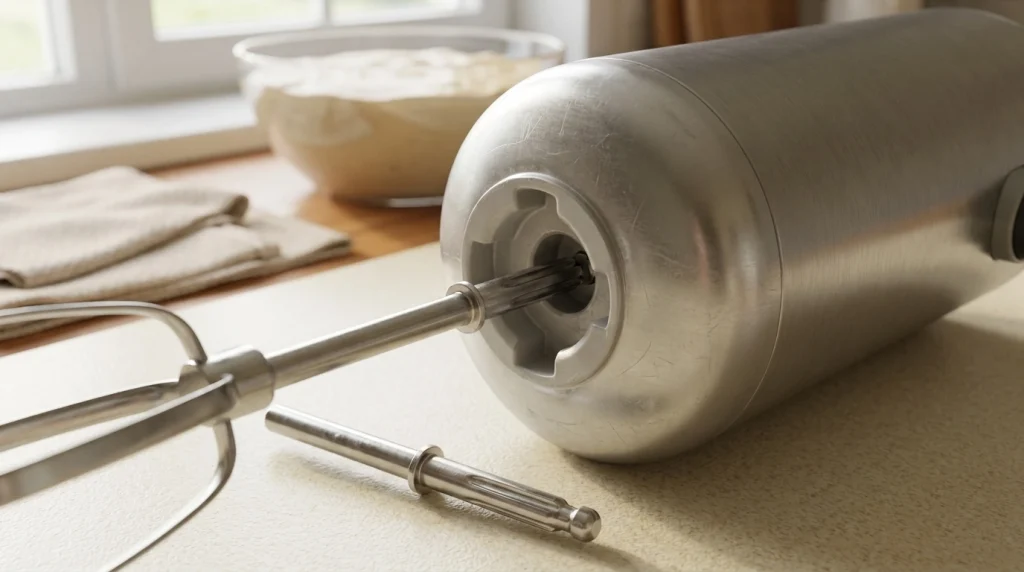 Close-up of a hand mixer beater shaft aligned with its attachment socket.