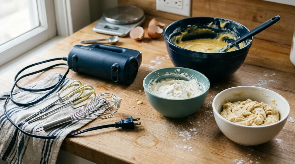 Unplugged hand mixer, metal beaters, whisk, cake batter, thick dough, and overwhipped cream.