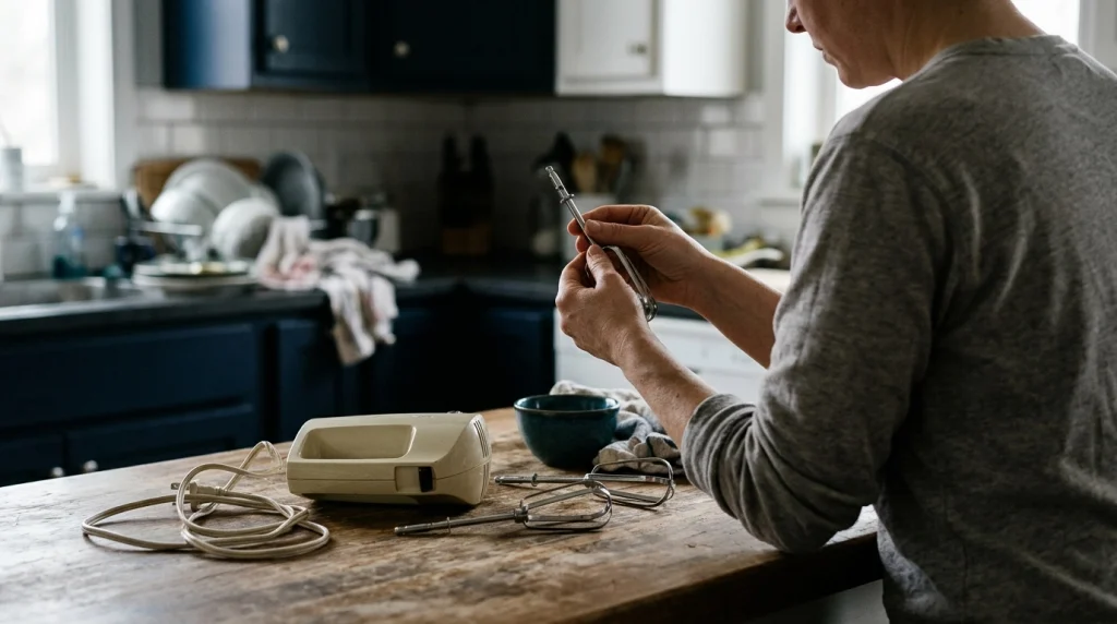 Home cook comparing replacement hand mixer beaters beside an unplugged mixer on a kitchen counter.