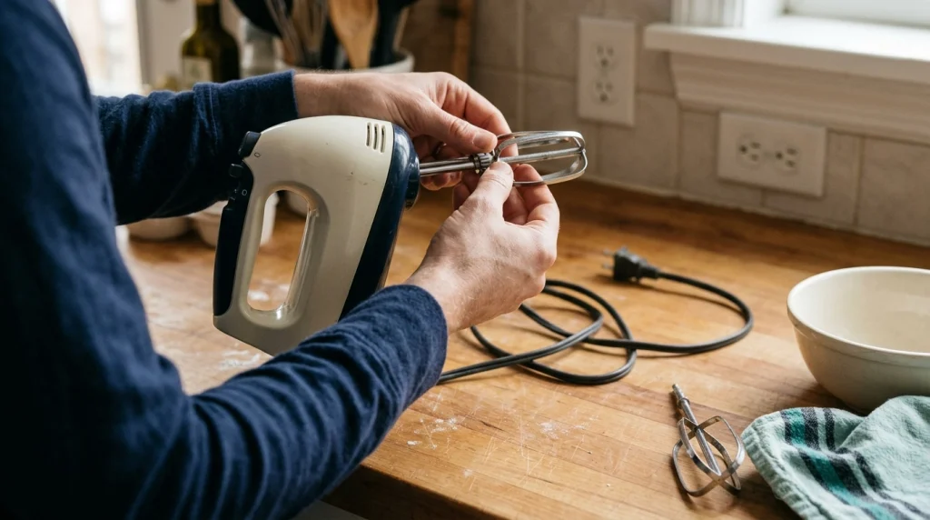 Safely checking hand mixer attachments with the appliance unplugged on a home kitchen counter.