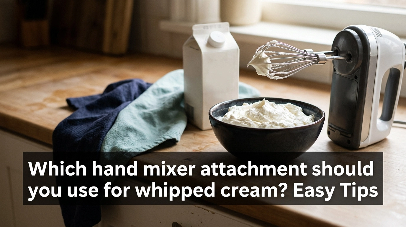 Hand mixer with wire whisk attachment beside a bowl of whipped cream.