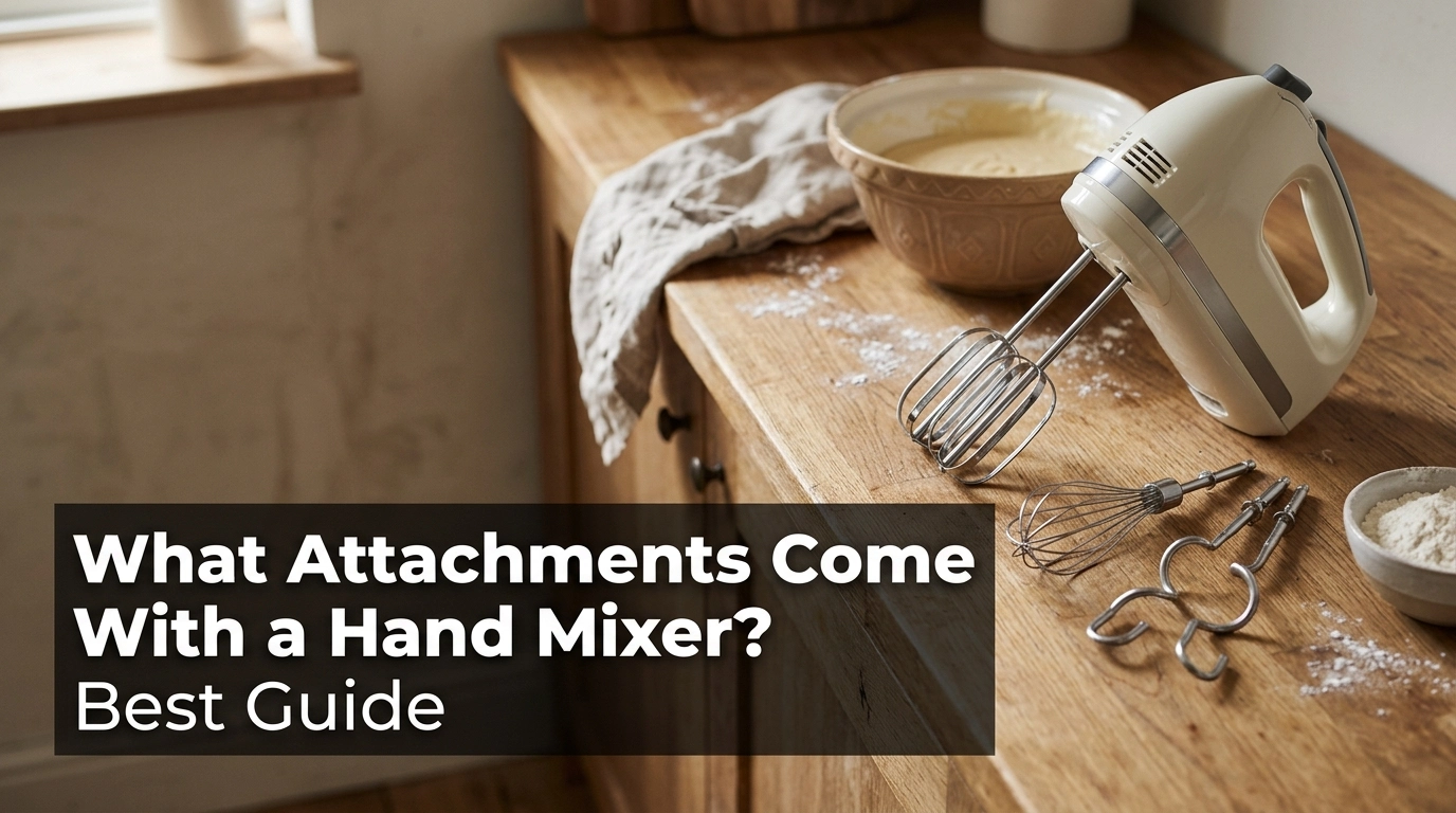 Hand mixer with beaters, wire whisk, and dough hooks on a kitchen counter.
