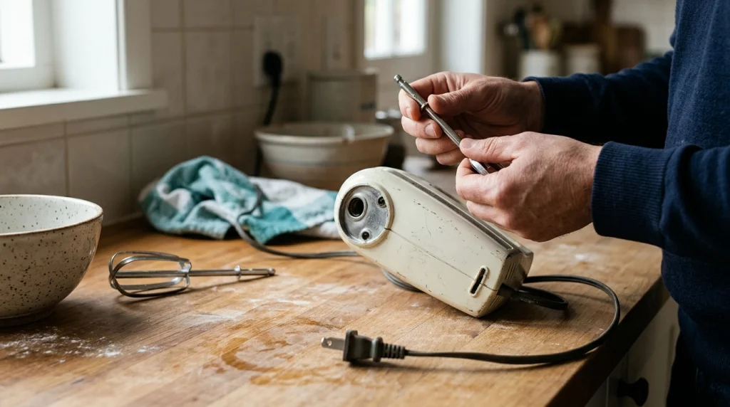 Unplugged hand mixer and loose beater being checked safely on a kitchen counter