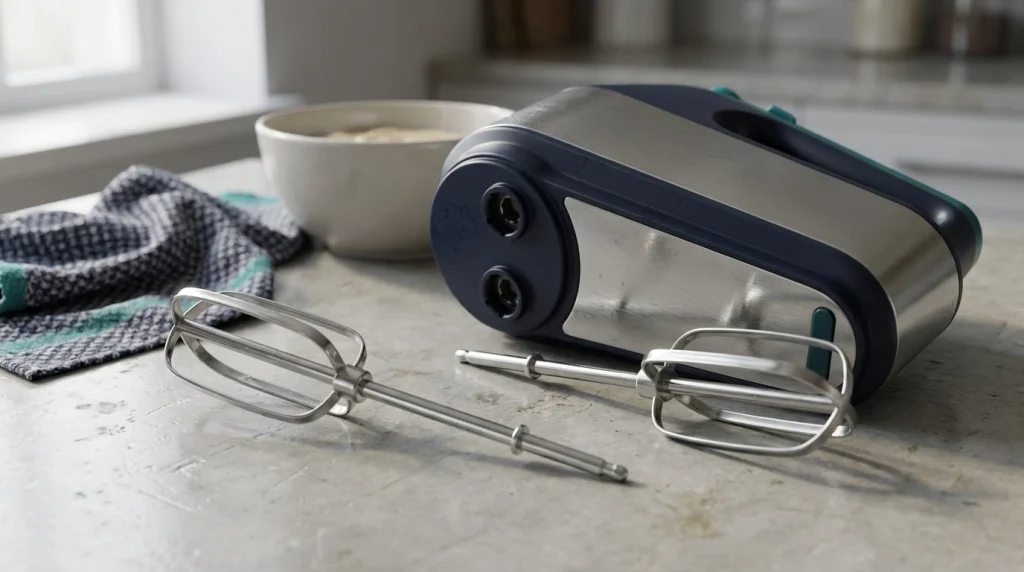 Removable hand mixer beater shaft positioned beside its attachment socket on a kitchen counter.