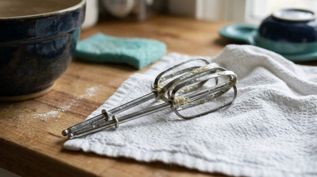 Used stainless-steel hand mixer beaters with dried batter and residue on a kitchen towel.