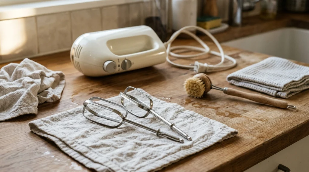 Clean hand mixer beaters drying on a towel beside the dry mixer body and a soft brush.