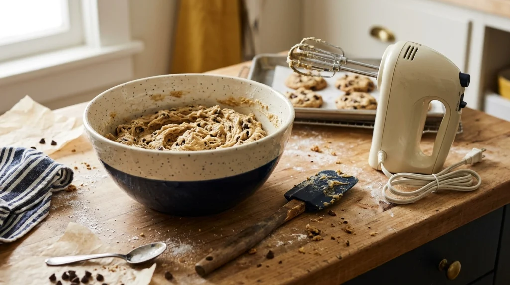 Cookie dough, regular hand mixer beaters, and a spatula arranged on a kitchen counter after mixing.