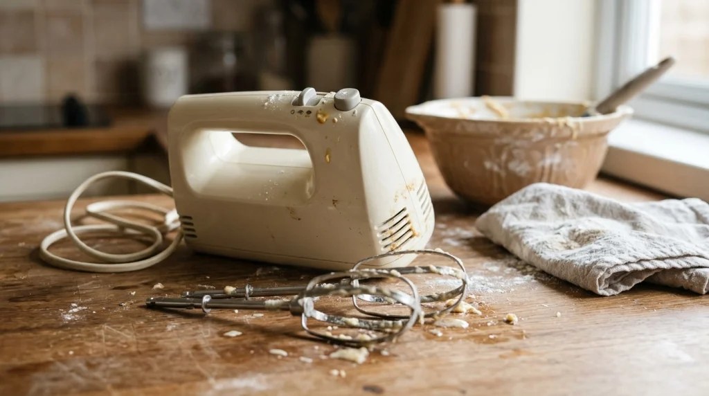 Hand mixer with dried batter on the beaters and food residue around the speed buttons.