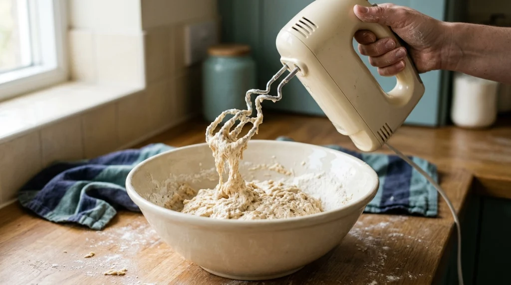 Hand mixer dough hooks with sticky dough and dry flour in a mixing bowl.