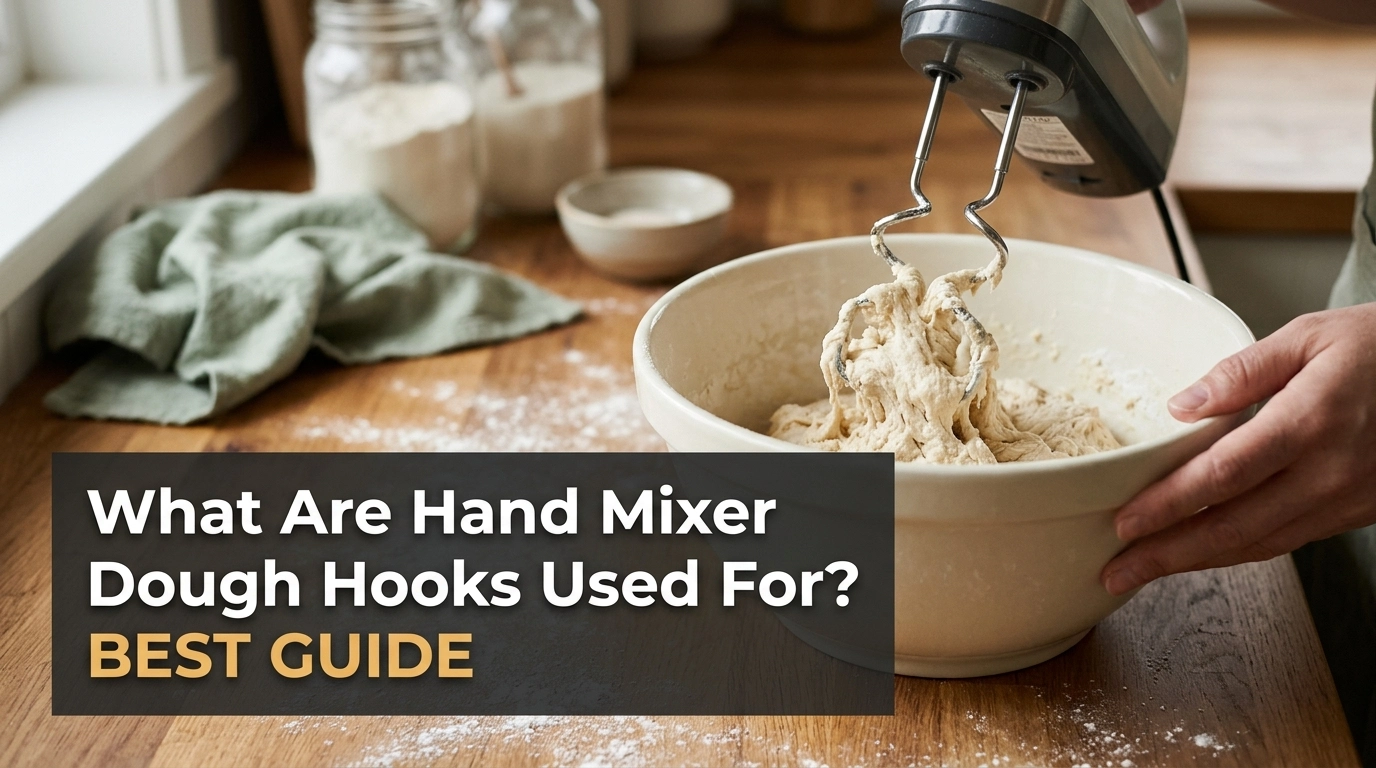 Hand mixer dough hooks kneading soft dough in a ceramic bowl on a kitchen counter.