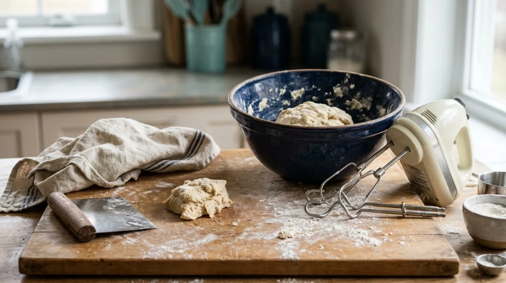 Switched-off hand mixer beside kneaded dough and a scraper on a kitchen counter.