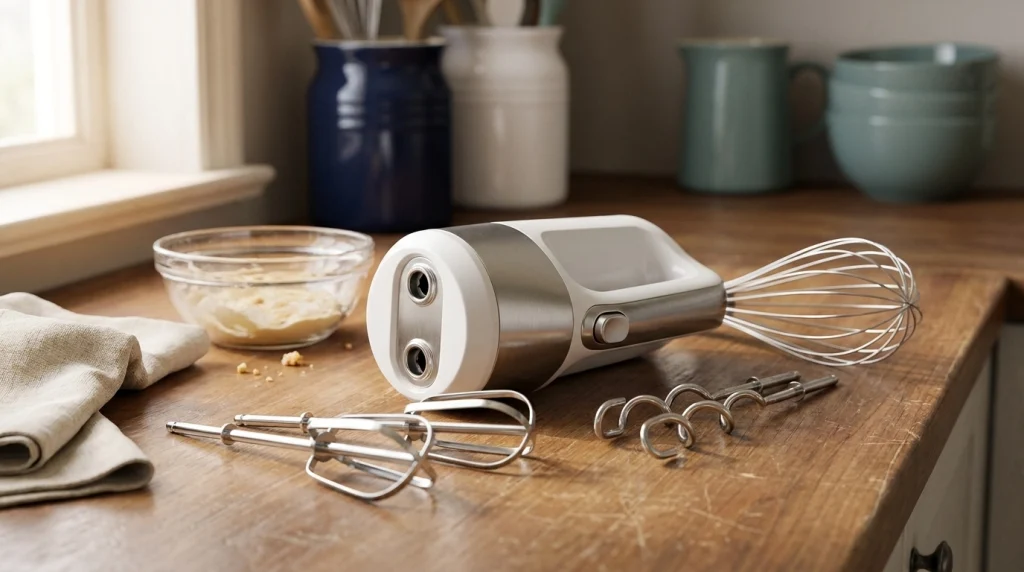 Hand mixer with eject button, beaters, dough hooks, and whisk on a kitchen countertop.