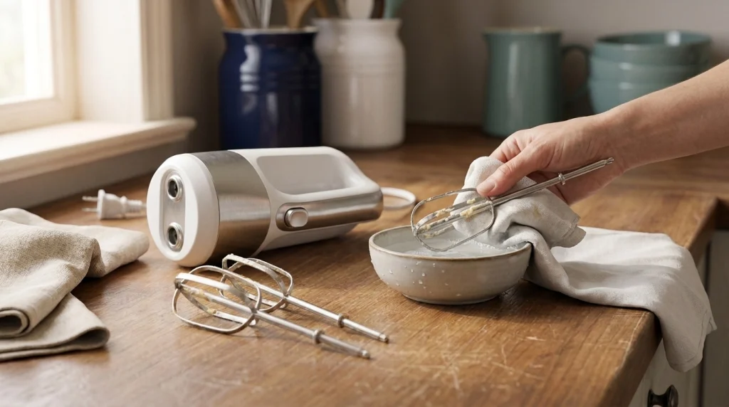 Unplugged hand mixer and detached stainless-steel beaters beside a cleaning bowl and kitchen towel.