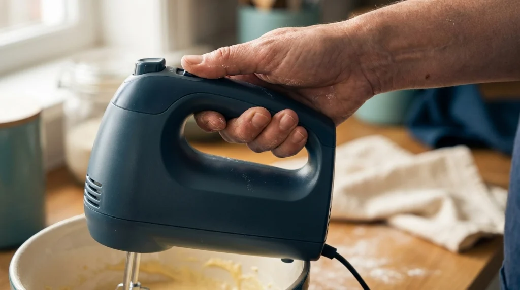 Close-up of a home baker holding a hand mixer to assess handle shape, finger clearance, and grip comfort.