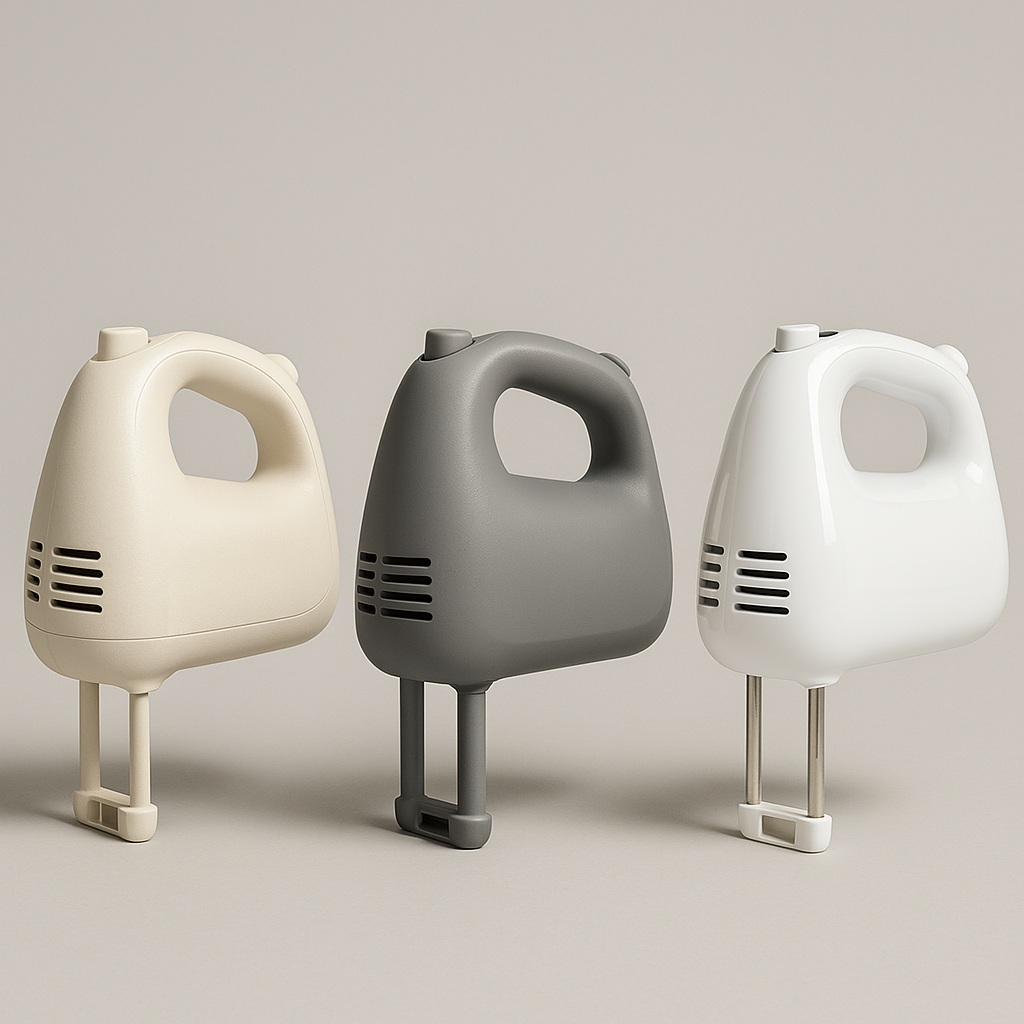 Three hand mixer bodies showing different shell finishes