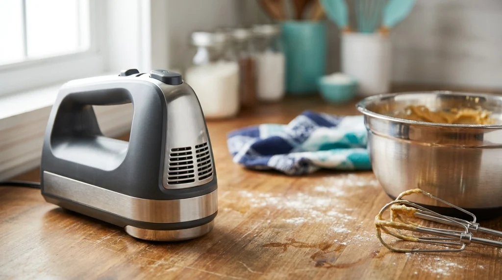 Hand mixer with visible ventilation openings illustrating hand mixer motor protection.
