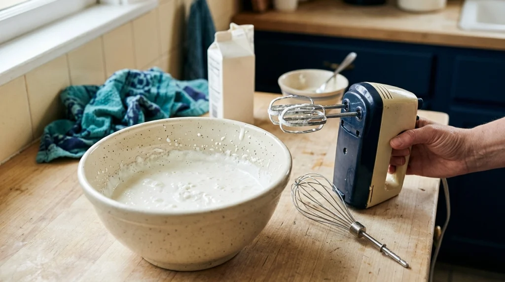 Thin cream and hand mixer attachments on a kitchen counter during whipped cream preparation.