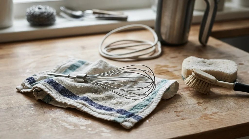 Clean hand mixer whisk drying on a cloth beside a soft brush and sponge in a home kitchen.