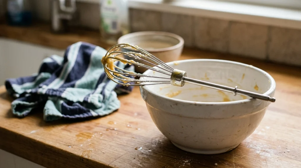 Hand mixer whisk with visible batter residue and grease between stainless steel wires.