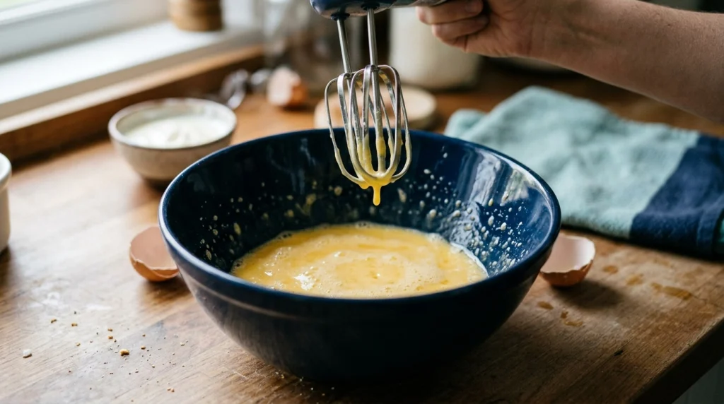 Hand mixer whisk beside a bowl with splashes and uneven egg mixture