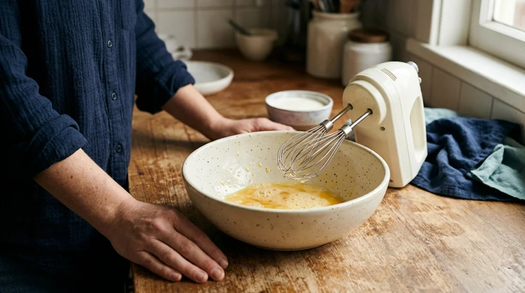 Hand mixer whisk and bowls of beaten eggs and cream on a kitchen counter