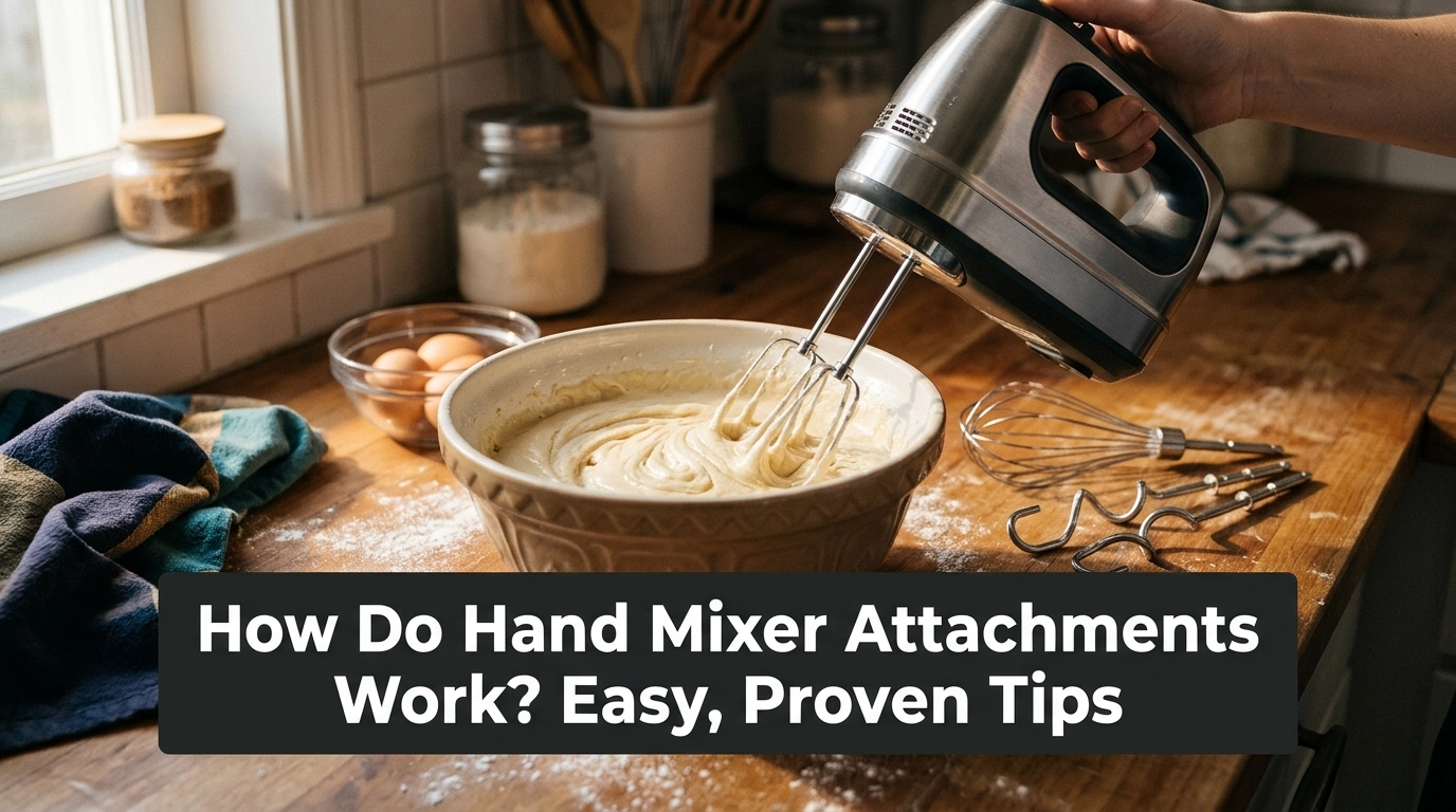 How do hand mixer attachments work, with beaters, whisk, and dough hooks beside a bowl of cake batter.