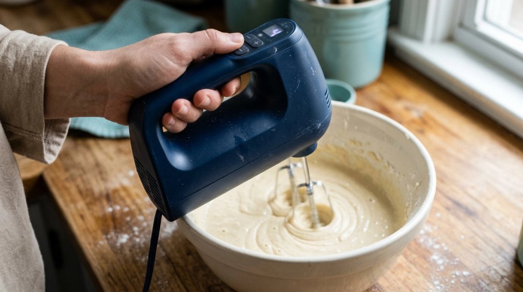 Close-up of a digital hand mixer with electronic speed buttons blending cake batter in a ceramic bowl.