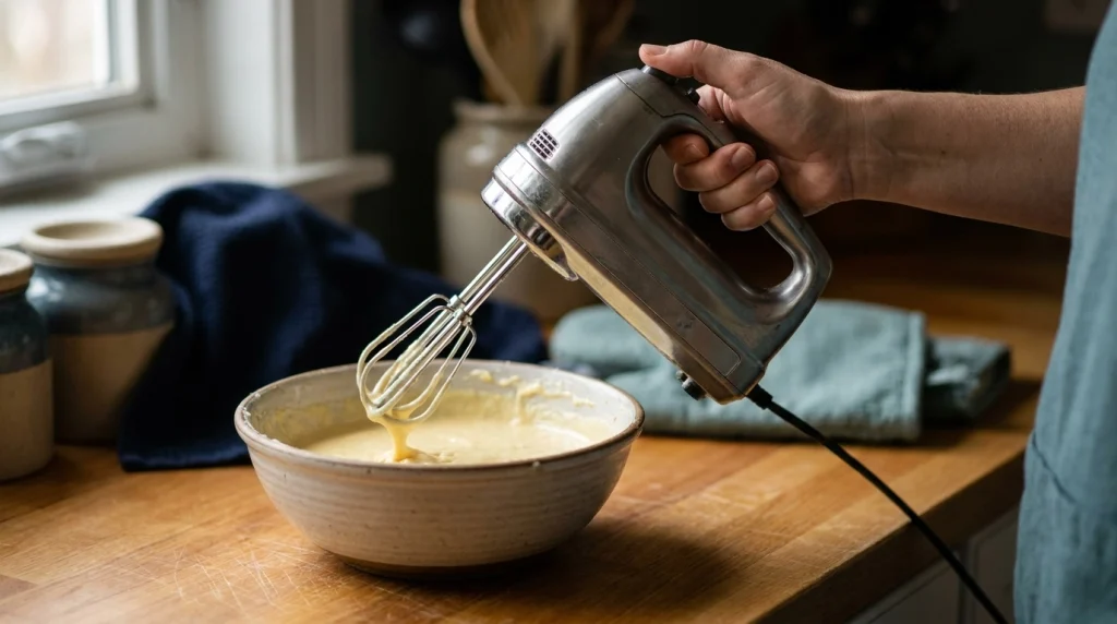 Close-up of a hand mixer over cake batter illustrating the relationship between grip and attachment position.