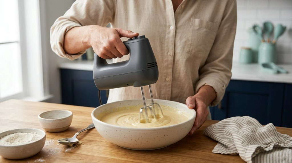Soft-start hand mixer gently turning cake batter while the baker controls the speed.